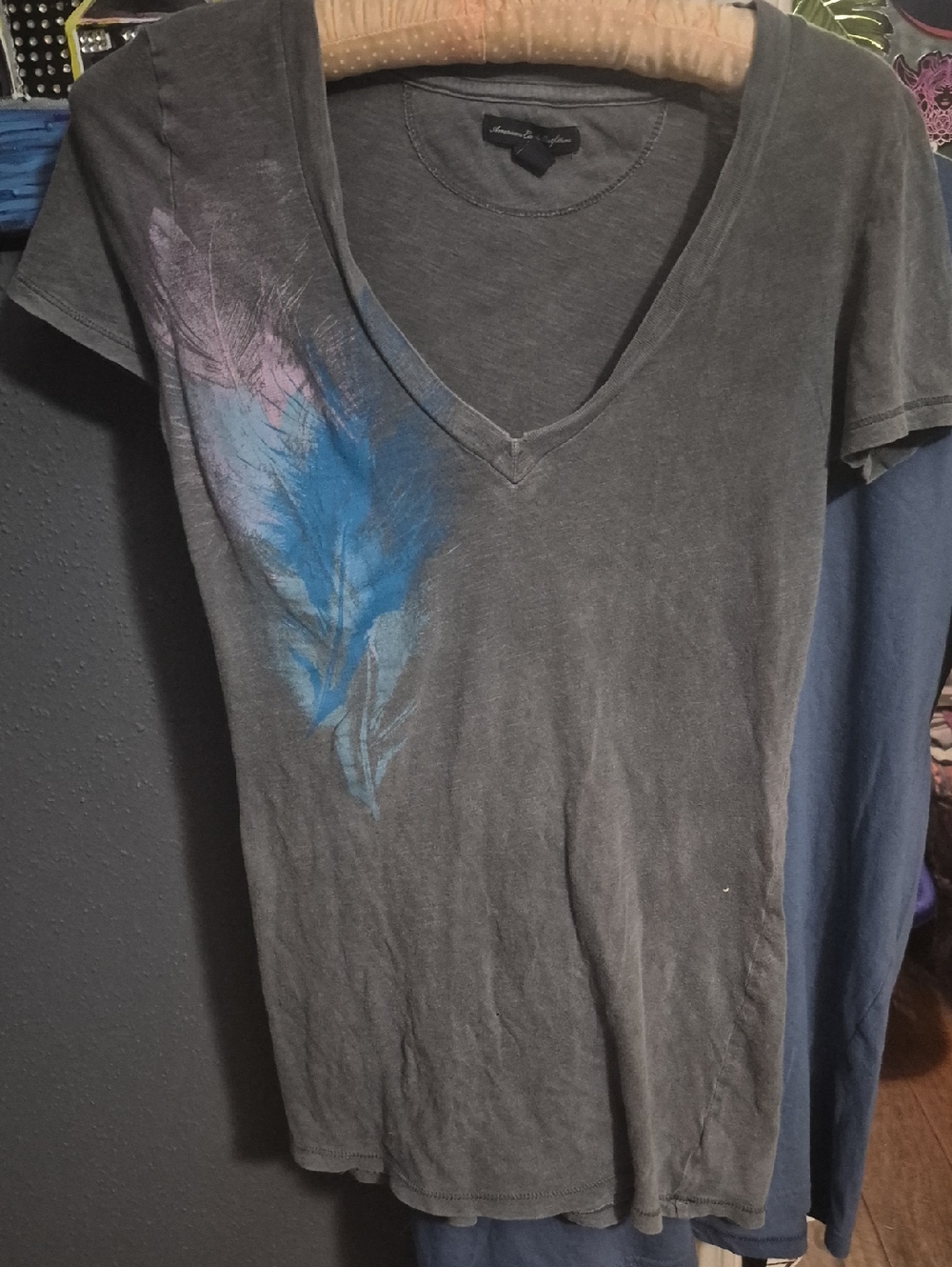 American Eagle Outfitters Gray V-Neck Tee with Blue & Pink Feather Print